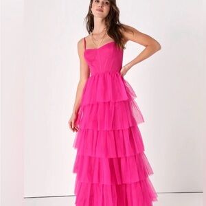 NWT Lulus Rule the Runway Hot Pink Tulle Bustier Maxi Dress M